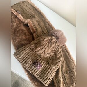UGG Chestnut Cable-Knit Pom Beanie with Faux-Fur Scarf